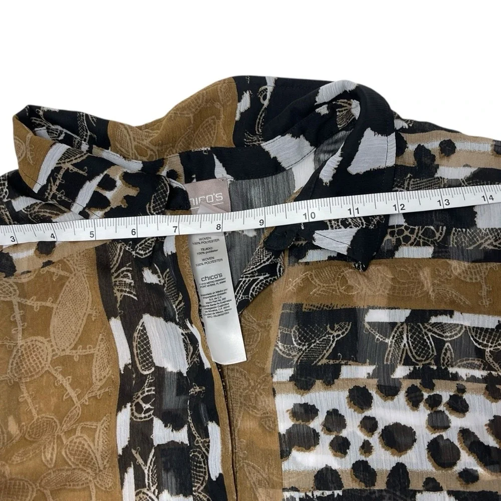 Chicos 1 M Brown Animal Print Button Down Roll Tab Sleeve Safari Mob Wife Blouse - Picture 7 of 10